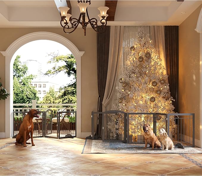 JSB 144-inch Extra Wide 30-inch Tall Dog gate with Door Walk Through, Freestanding Pet Gate for Halls, Stairs & Home, Pet Puppy Safety Dog Fence with 2PCS Support Feet (Black)