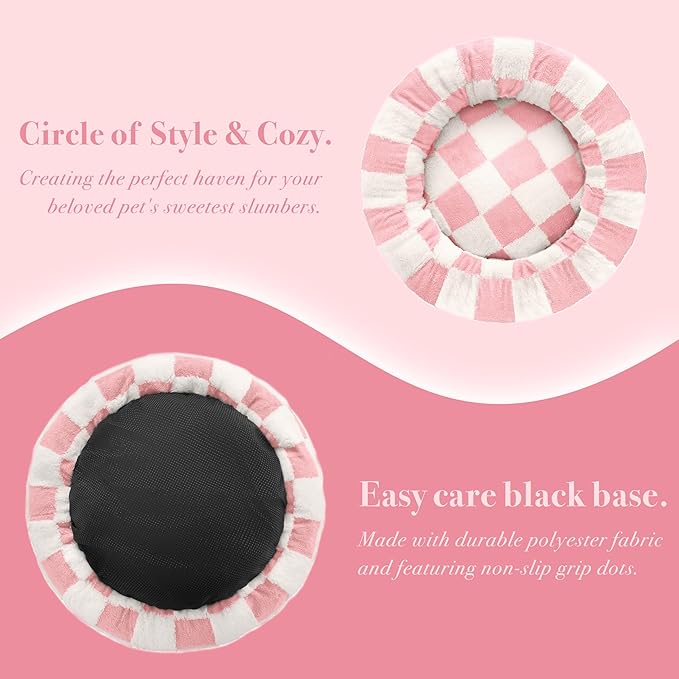 Checkered Cat Dog Bed, Cute Girly Pink Retro Style Aesthetic Round Warming Pet Calming Beds for Small Dog and Cats, Plush Cozy Donut Beds Washable, 23" L x 23" W x 8" Th