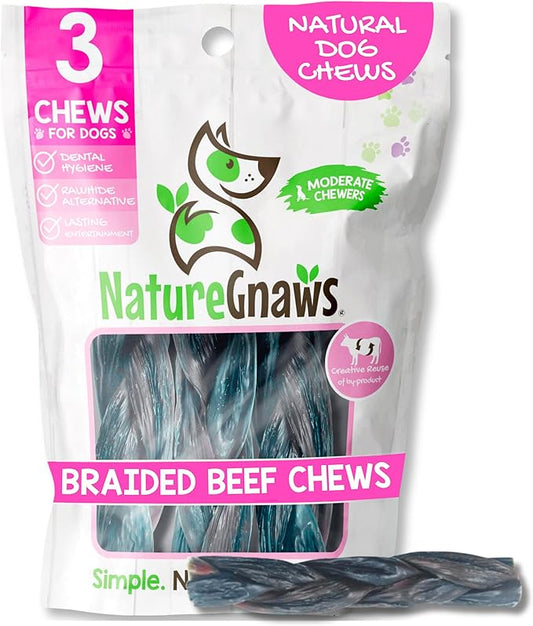 Nature Gnaws Braided Beef Chews for Dogs 5-6" (3 Count) - Long Lasting for Small and Medium Dogs - Natural Beef Gullet Jerky Dog Chew Treats