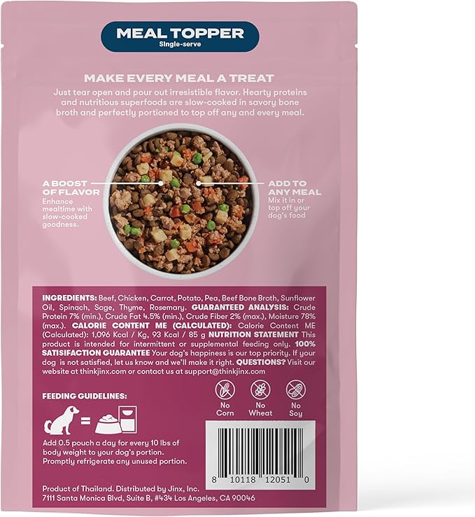 Jinx Beef Grain Free Wet Dog Food Pouches, Meal or Dog Food Topper Mix-in, Made with Real Beef & Chicken, Bone Broth & Brown Rice, No Fillers, Puppy, Adult, Senior, 3oz, 8 Pack