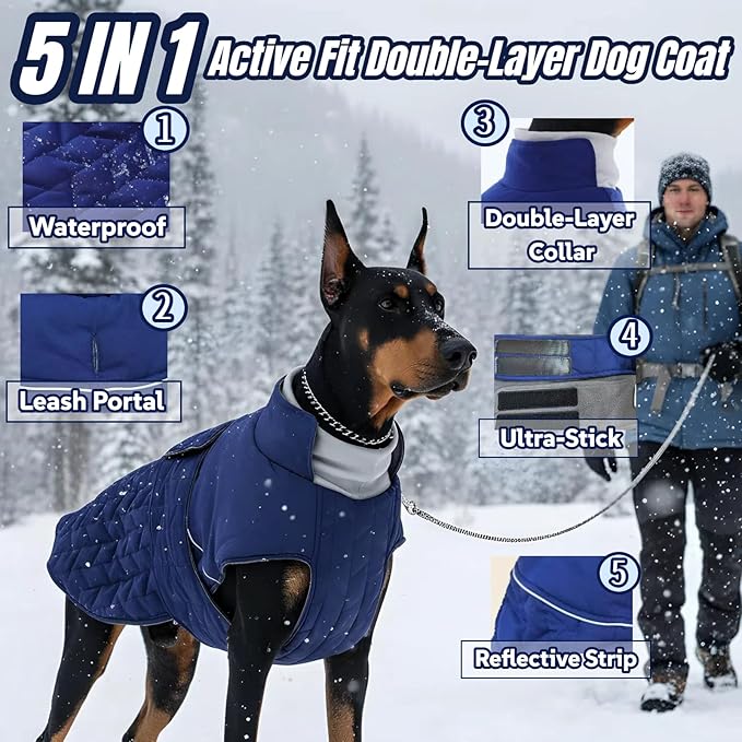Outdoor Classic Quilted Active Fit Dog Winter Coat, Waterproof & Lightweight Coats for Large Dogs, 2-Layer High-Loft Jacket with Padded Insulation and Warmth Fleece, Pet Clothes for Girl Boy(Blue, L)