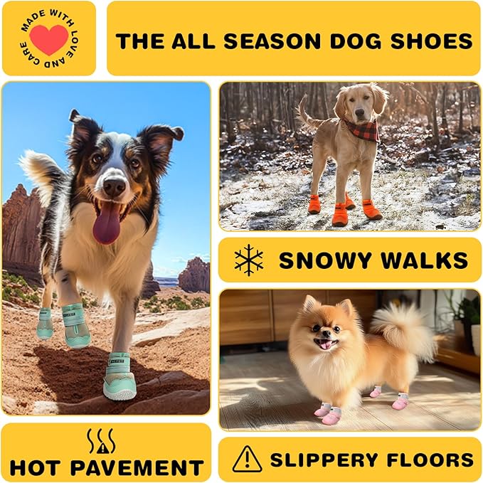 Hcpet Dog Shoes for Large Dogs, Waterproof Dog Booties for Small Medium Dogs, Anti-Slip Dog Boots & Paw Protectors for Hot Pavement Winter Snow Hiking with Reflective Straps Khaki Size 5