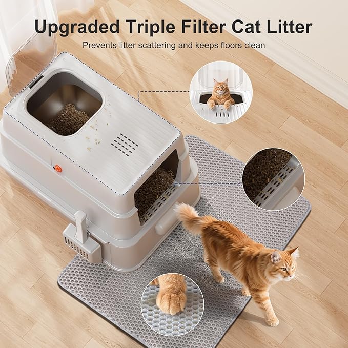 FURTIME Stainless Steel Litter Box with Lid, XL Extra Large Cat Litter Box for Big Cats, Enclosed Drawer Metal Litter Boxs with High Sided Enclosure & Mat, Front & Top Entry, Odor Free, Anti-Leakage