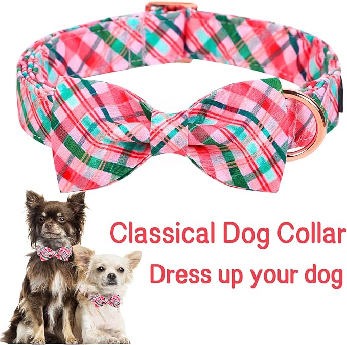 Unique style paws Dog Collar with Bow Pink & Green Plaid Dog Collar Best Gifts for Small Medium Large Dogs -XS