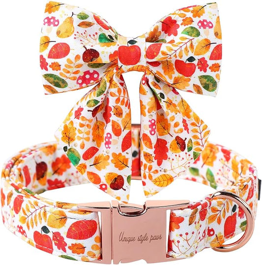 Unique Style Paws Thanksgiving Day Collar with Bowtie Fruit Leaf Flower Fruit Durable Cute Cotton Dog Collars for Small Medium Large Dogs