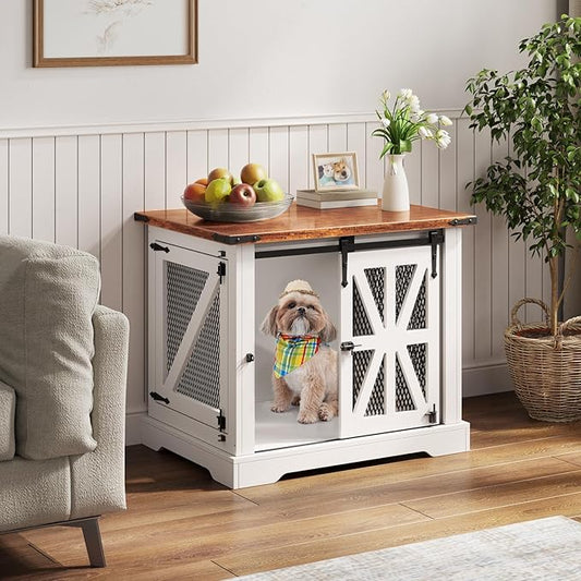 VOPEAK 27.5" Small Dog Crate Furniture, Chew Resistant Dog Crate for Puppy Dogs, Heavy Duty Small Dog Crate Dog Kennel Indoor with Double Doors, Wooden End Table for Bedroom Living Room, White