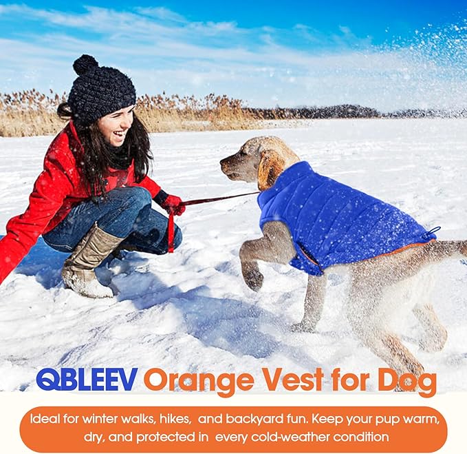 QBLEEV Reversible Dog Coat, Orange Hunting Safety Vest for Dogs, Waterproof Dog Winter Coats, Warm Lightweight Windproof French Bulldog Jacket, Adjustable Snowproof Puffer Coat for Medium Dogs