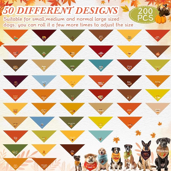 200 Pcs Fall & Thanksgiving Dog Bandanas Bulk with Holiday Sayings, Washable Adjustable Pet Triangle Scarf Bibs, Autumn Grooming Accessories for Small Medium Large Dogs Cats Costume Decor
