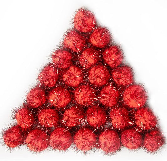 VAPKER 30 Piece 1.5" Red Color Sparkle Balls Cat's Favorite Toy Tinsel Pom Poms Glitter