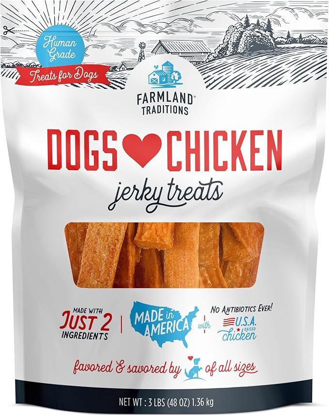 Farmland Traditions Dogs Love Chicken Jerky Dog Treats, Premium Two-Ingredient Dog Jerky with USA-Raised, Human-Grade Chicken & No Antibiotics Ever, 3-Pound Bag