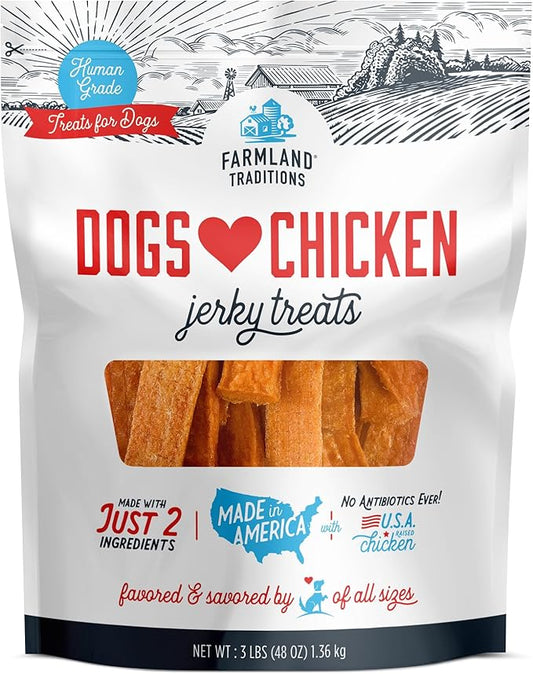 Farmland Traditions Dogs Love Chicken Jerky Dog Treats, Premium Two-Ingredient Dog Jerky with USA-Raised, Human-Grade Chicken & No Antibiotics Ever, 3-Pound Bag