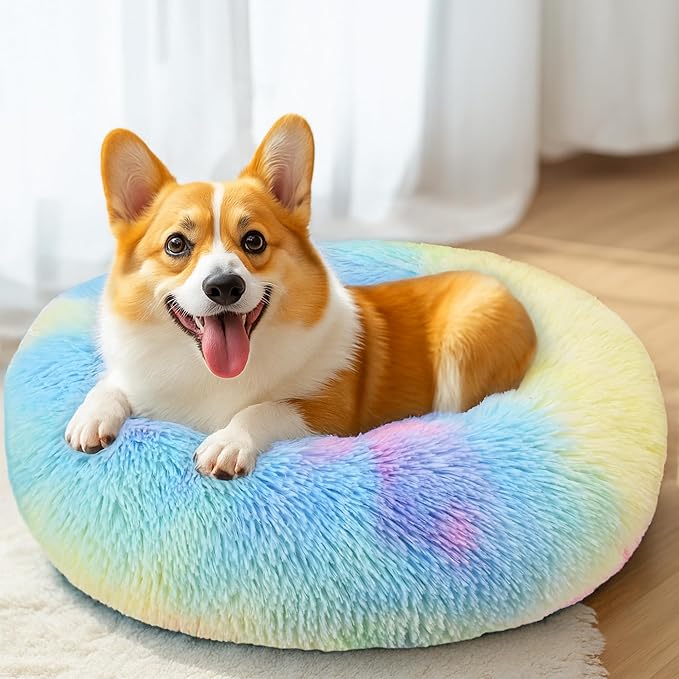 28in Large Dog Bed, Medium Size Dog and Cats, Calming Donut Bed for Puppy and Kitten, Washable Round Fluffy Pet Bed (Rainbow)