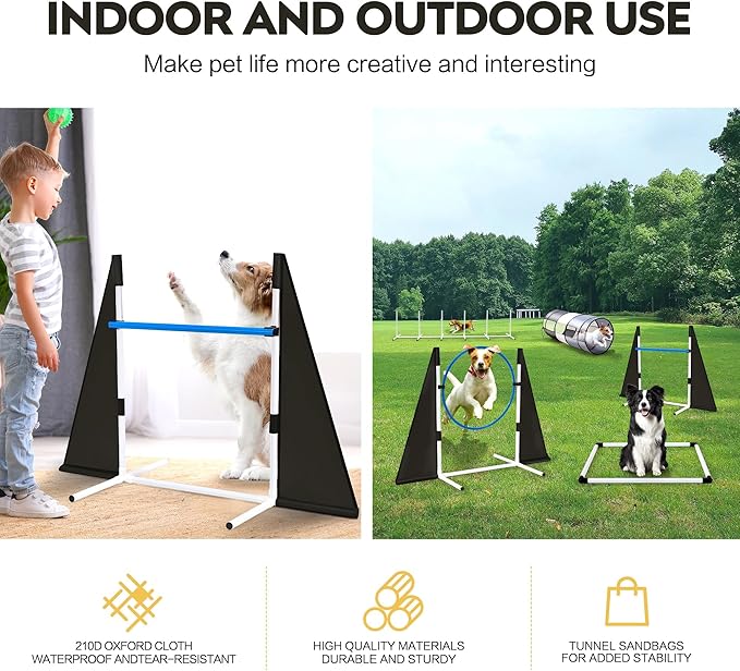 Dog Agility Training Equipment,Course Backyard Set Training Equipment for Dogs Pet Outdoor Game with Grey and Black Tunnel, Agility Hurdle, Poles, Jump Ring, Pause Box, Toy Balls and Storage Bag