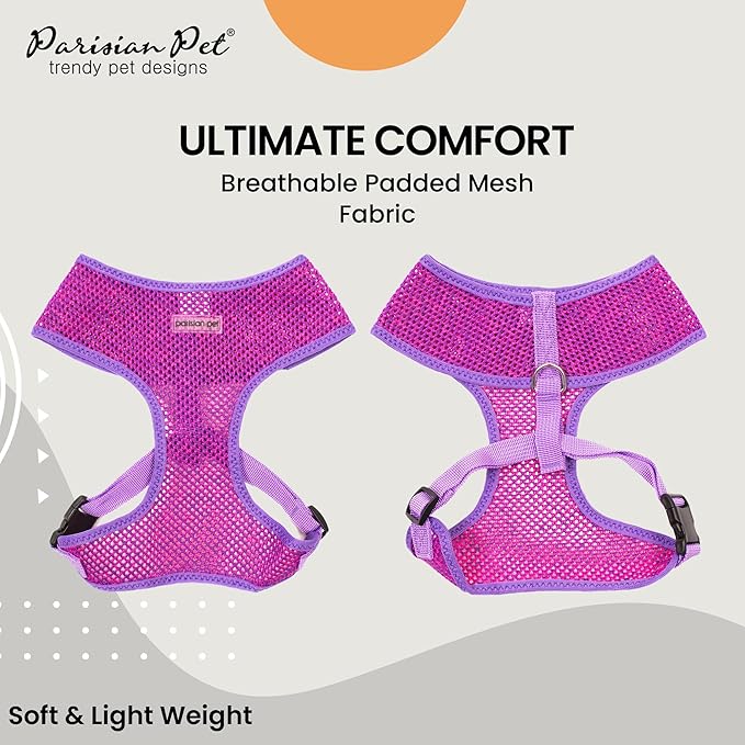 Parisian Pet Girl Dog Harness - Soft Padded Purple/Pink Dog Vest Harness - 100% Mesh Fabric Dog Harness Small-Sized Dog - Cooling Dog Harness for Walking, Running, and Hiking - Puppy Harness - XS
