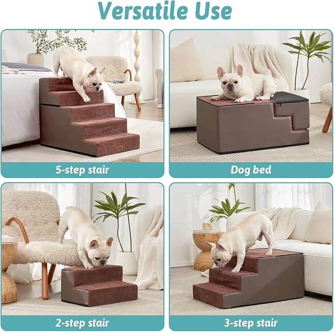 Dog Stairs for Small Dogs, 5 Tier Removable Wider Pet Stairs for Couch and Bed, 23.6" H Non-Slip Dog Steps for Puppies and Old Cats with Support Board, 19.7x29.5x23.6 inch, Brown