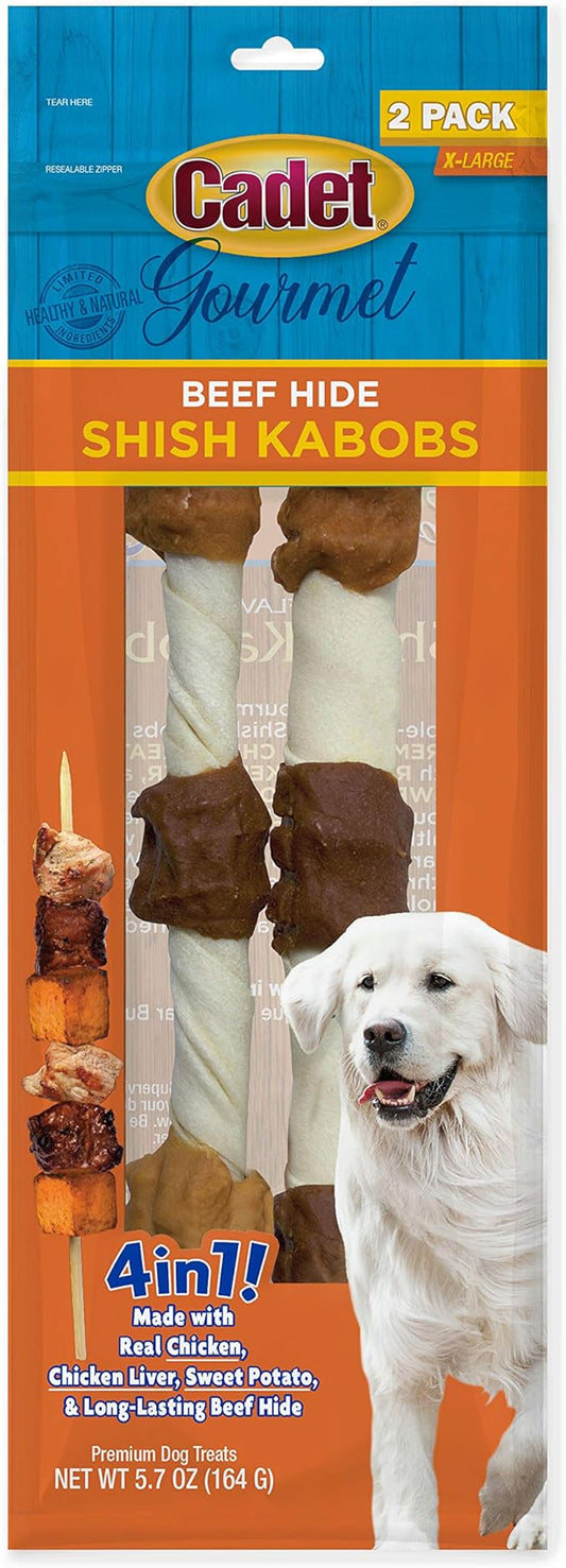 Cadet Gourmet Shish Kabob Dog Chews for Large Dogs, Rawhide Treats with Chicken and Sweet Potato, Healthy & Natural Beef Hide, 10-Inch Sticks, 2 Count