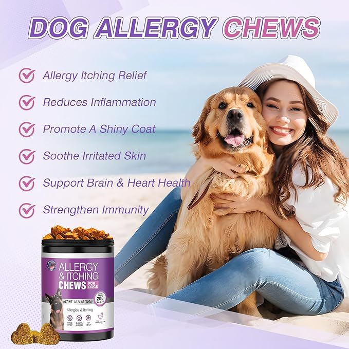 Dog Allergy Chews - Dog Allergy and Itching Skin Relief Anti Itch Aller Immune Bites for Dogs Licking Paws Relief Itchy Chew Probiotics Vitamins for Skin and Coat Allergies - (Chicken, 200 Ct)