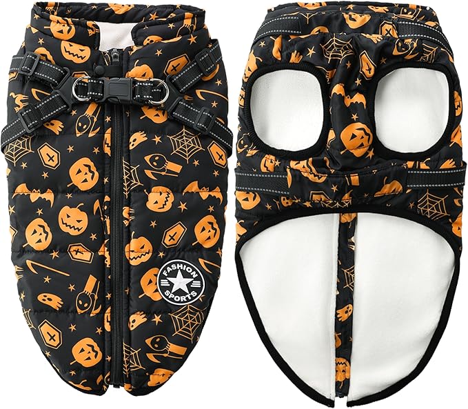 Aiboria Winter Dog Coat Windproof Fleece Jacket with Chest Strap Dog Vest Harness Halloween Black XL