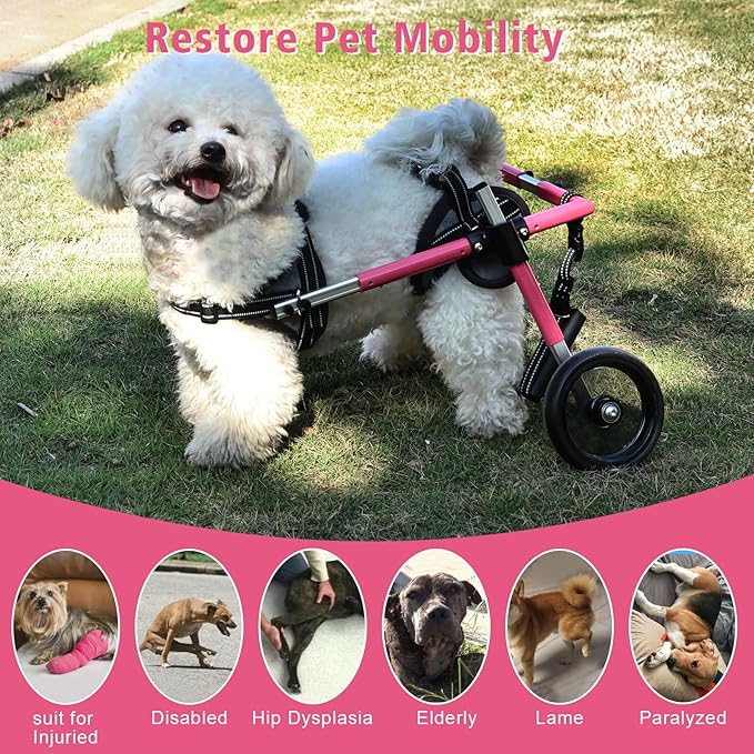 Wheelchair for Dogs, Pet Baby Adjustable Dog Wheelchair for Back Legs with Dog Leash, Lightweight Doggie/Doggy Carts with Wheels for Small Pets Hind Limbs, Disabled Hind Legs Walking Stable, Pink, XS