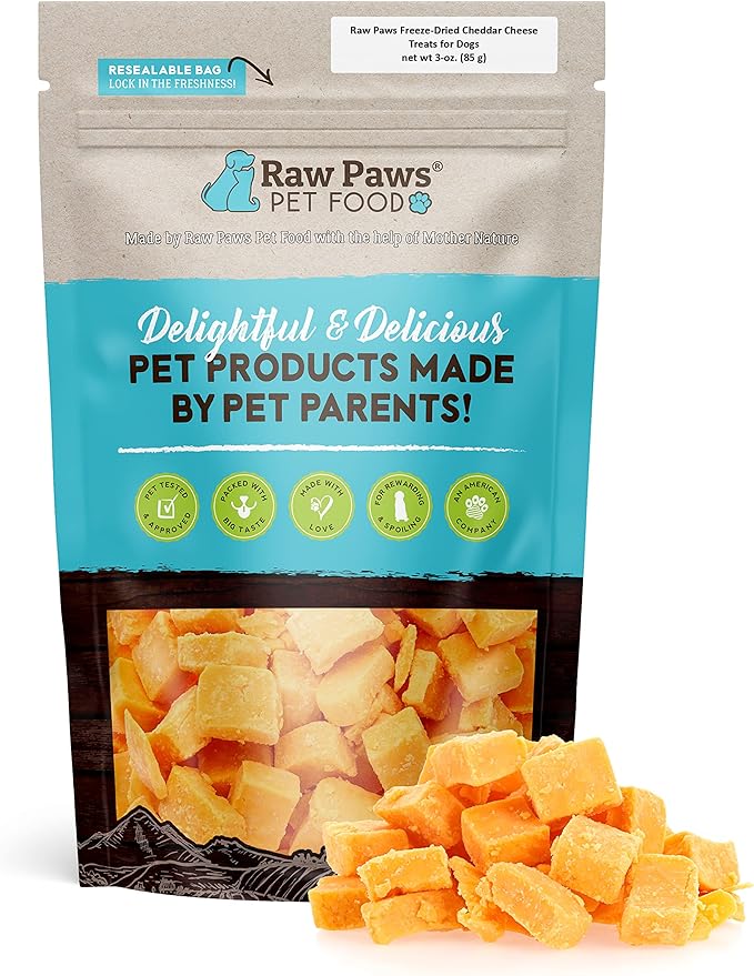 Raw Paws Freeze Dried Cheddar Cheese Treats for Dogs, 3-oz - Crunchy Dog Puffs Made in USA, Natural Dried Wisconsin Cheddar Bites - 100% Real Cheese Treats