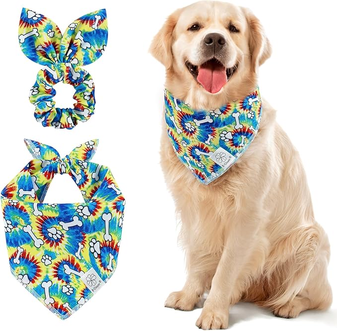 E-Clover Dog Bandanas Boy & Matching Scrunchie Set Girl Cute Rainbow Dog Scarf Bibs Pet Bandana with Bow Tie for Medium Large Dogs Owner Mom Pride
