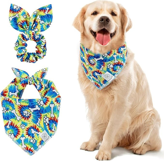 E-Clover Dog Bandanas Boy & Matching Scrunchie Set Girl Cute Rainbow Dog Scarf Bibs Pet Bandana with Bow Tie for Medium Large Dogs Owner Mom Pride