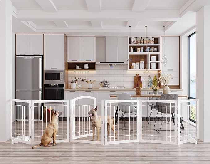 Vantas Folding Pet Gate 144" Wide, 30" Tall No-Assembly Metal Dog Gate, Freestanding Wire Pet Gate, Pet Puppy Safety Fence, Extra Wide with 2PCS Support - White