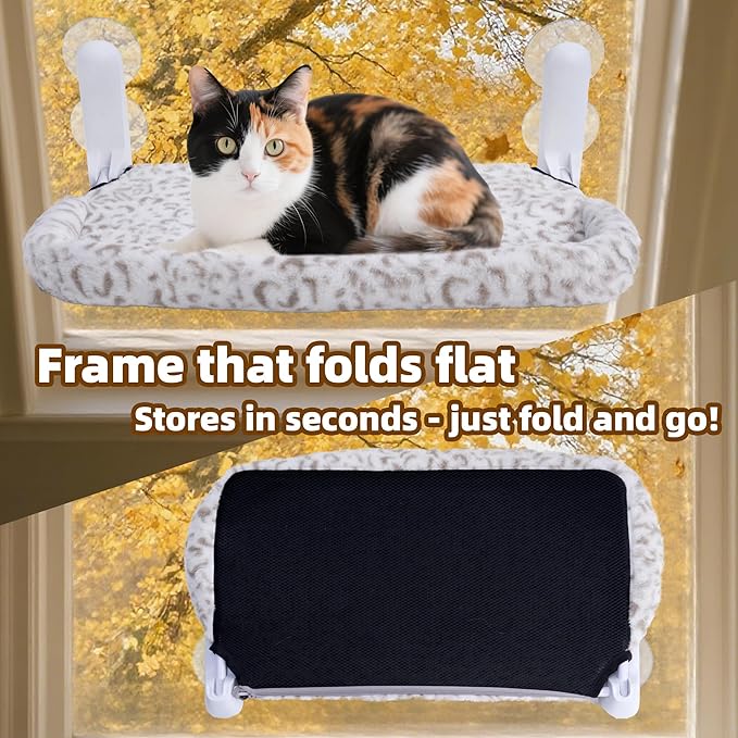 Cat Window Perch, Cordless Foldable Cat Hammock Bed with 4 Suction Cups, Embeded Machine Washable Bed for Indoor Cats, Strong Metal Frame Holds 40lbs (Leopard Print,Cotton Binding)