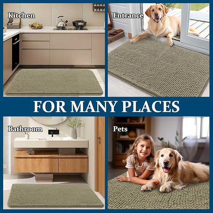 OLANLY Dog Door Mat for Muddy Paws 36x24, Absorbs Moisture and Dirt, Absorbent Non-Slip Washable Doormat, Quick Dry Chenille Mud Mat, Entry Indoor Entryway Carpet for Inside Floor, Warm Taupe