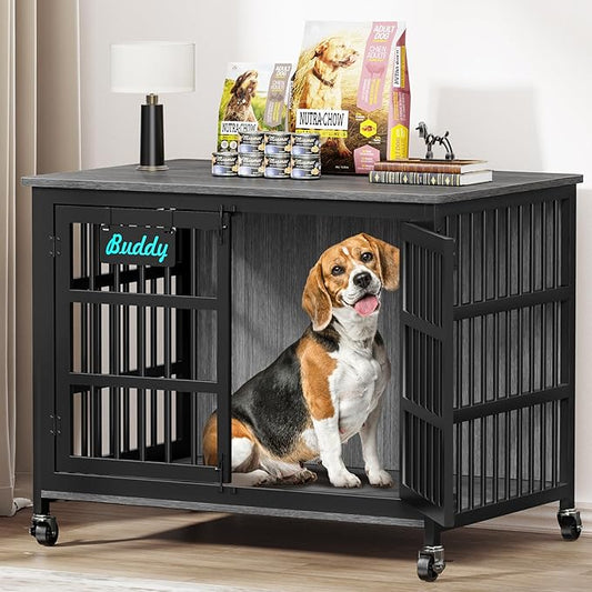 EasyCom 41"/33"/27" Dog Crate Furniture with Name Tag, Heavy Duty Dog Kennel Indoor for Medium Dogs, Double-Doors Sturdy Metal Dog Cage for Anxiety Dog, Decorate House as TV Stand, End Table