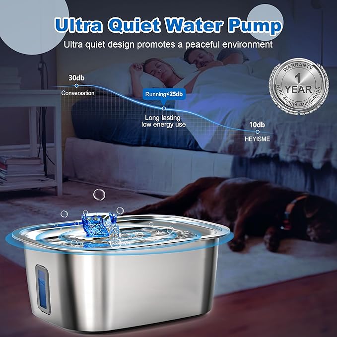 Large Dog Water Fountain Stainless Steel, 3 Gallon Pet Water Fountain with Visual Window, Dog Water Dispenser Automatic Waterer Bowls for Drinking with 2 Filters for Cats, Dogs, Multiple Pets