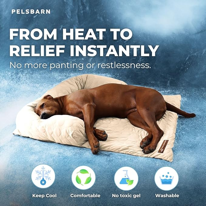 Pelsbarn Cooling Dog Bed - Ice Silk Summer Comfort, Self Cooling, Non-Slip Dog Cover, Durable & Washable, Bed for Medium to Large Dogs 86x86 cm, Support Shelter Dogs with Every Purchase (Beige)