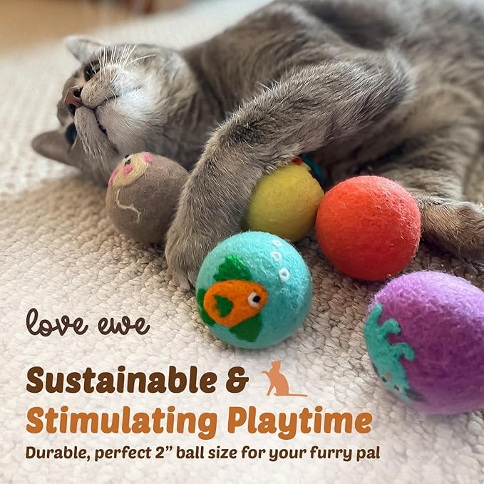 Wool Felt Balls 3 Pack Love Ewe Pet Supplies - 2 in Felted Wool Cat Toys 100% New Zealand Wools Felt Cat Toys Handmade Wools Felts Balls - Cats Felts Ball, Colorful Ball for Cats - Fish and Bird