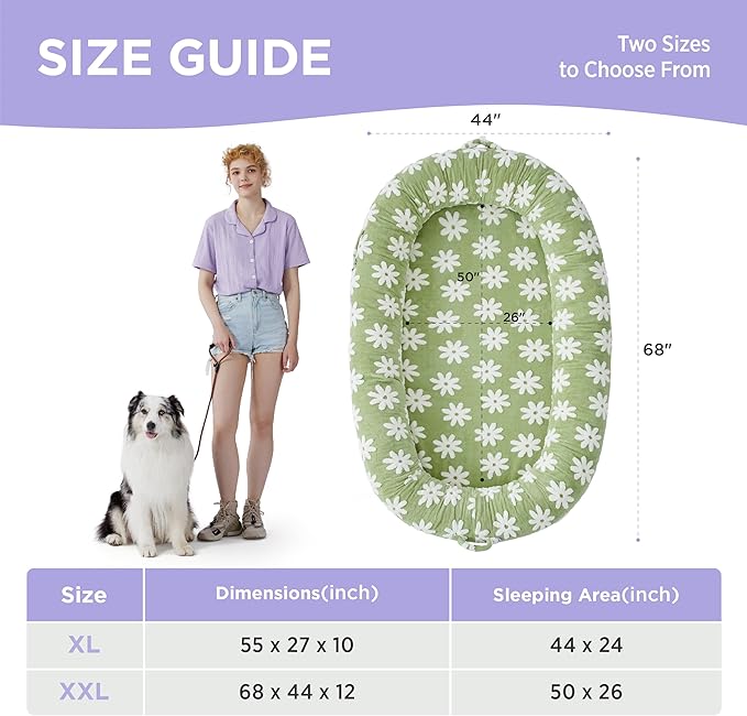 LE SURE Human Dog Bed for Adult - Calming Human Size Dog Bed with Egg Foam Supportive Mat and Storage Pocket, Cute Modern Pet Beds with Jacquard Shaggy Plush & Anti Slip Bottom 55x37x10, Green