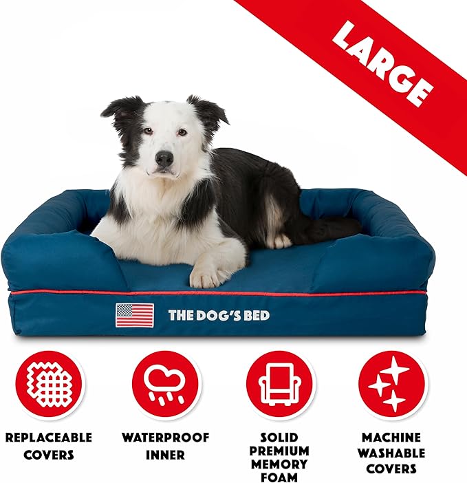 The Dog’s Bed, Large Blue Oxford with Red Trim USA Flag Dog Bed Memory Foam, Pain Relief: Arthritis, Post Surgery, Lameness, Supportive, Calming, Waterproof Washable Cover
