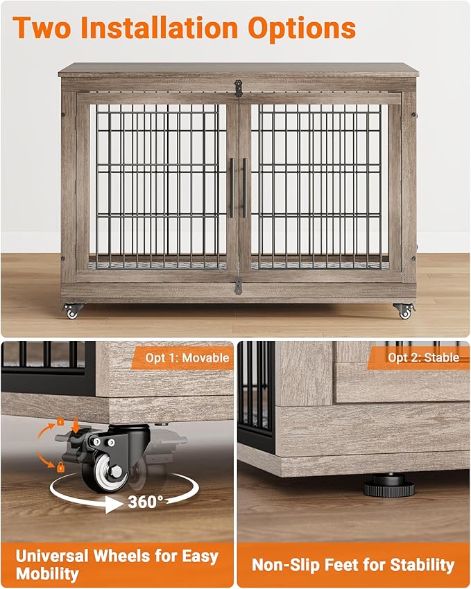 Dog Crate Furniture with Cushion, Wooden Dog Kennel Indoor with Double Doors, Dog Cage with Wheels, Dog House Side End Table for Large Dogs up to 85 lb, 44" L, Grey