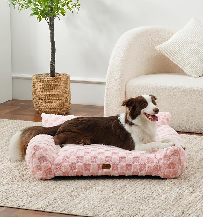 MADE 4 PETS Dog Couch Bed, Soft Faux Fur Checkered Indoor Pet Sofa, Comfortable Fluffy Dog Sofa with Supportive Foam, Removable Washable Cover with Non-Slip Base, Pink, Large