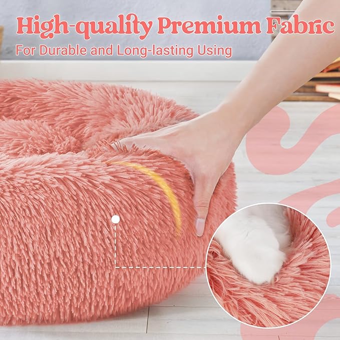 rabbitgoo Dog Bed for Small, 24 inches Machine Washable, Fluffy Donut Pet Bed Anti-Slip, Calming Soft Plush Round Cushion, Fits up to 18 lbs Pets, Pink