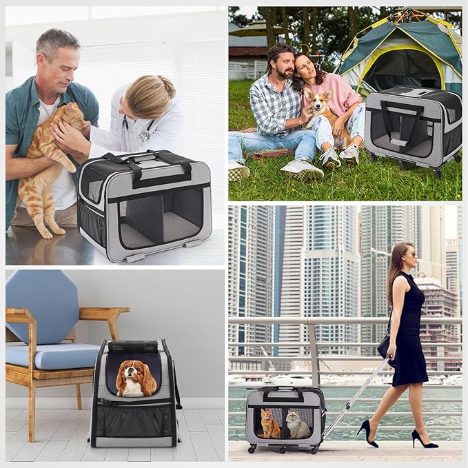 Extra Large Double Pet Carrier with Wheels for Small Dogs and All-Breed Cats, Cat Rolling Carrier for 2 Cats, Support up to 40 Lbs, Grey