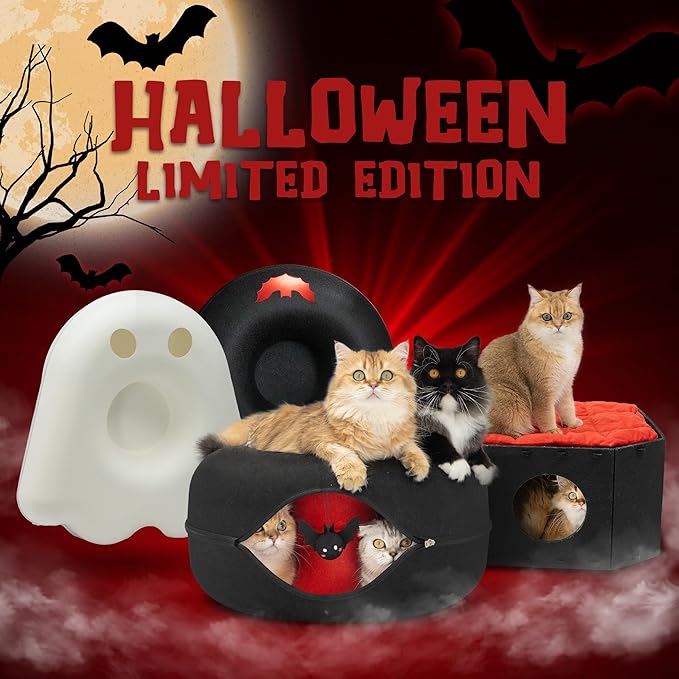 Cattasaurus Halloween Peekaboo Cat Cave, Extra Spacious for Multiple & Large Cats 15+ lbs, Scratch Detachable Cat Beds for Indoor Cats, Washable Tunnel Bed, Comfy Cat Donut Tunnel (Gothic Bat, Jumbo)
