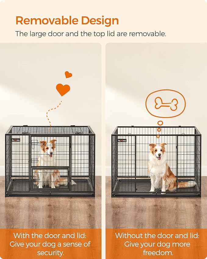 Feandrea 42.1 Inch Heavy Duty Dog Crate, Metal Escape Proof Kennel with Double Doors and Convenient Feeding Door, Removable Tray, Easy to Clean, XL Pet Crate for Large and Medium Dogs, Black