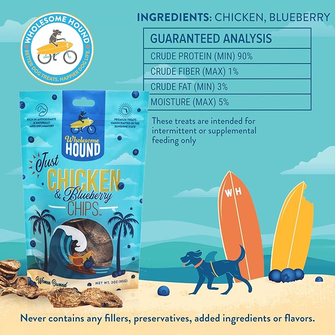 Just Chicken & Blueberry Chips | Two Premium Ingredient & Healthy Dog Treats Rich in Antioxidants | All Natural Canine Rewards | All Breed Sizes Dog Training Treats | Made in USA - 3oz