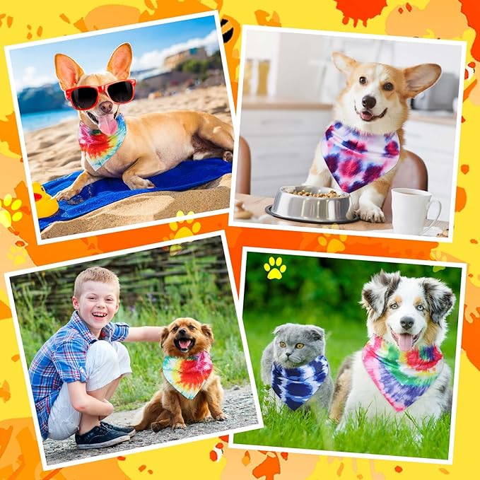 Geyoga 240 Pcs Halloween Dog Bandanas Bulk Thanksgiving Pet Bandanas Adjustable Fall Triangle Dog Grooming Scarf Bibs Kerchief for Small Medium Large Cats Pet Costume A(Tie Dye)