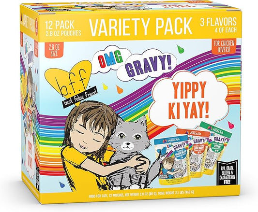 Weruva B.F.F. OMG - Best Feline Friend Oh My Gravy!, Yippy Ki Yay Yellows! Variety Pack, 2.8oz Pouch (Pack of 12)