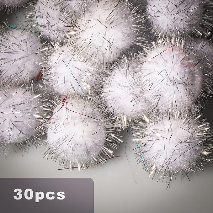 VAPKER 30 Piece 1.5" White Color Sparkle Balls Cat's Favorite Toy Tinsel Pom Poms Glitter