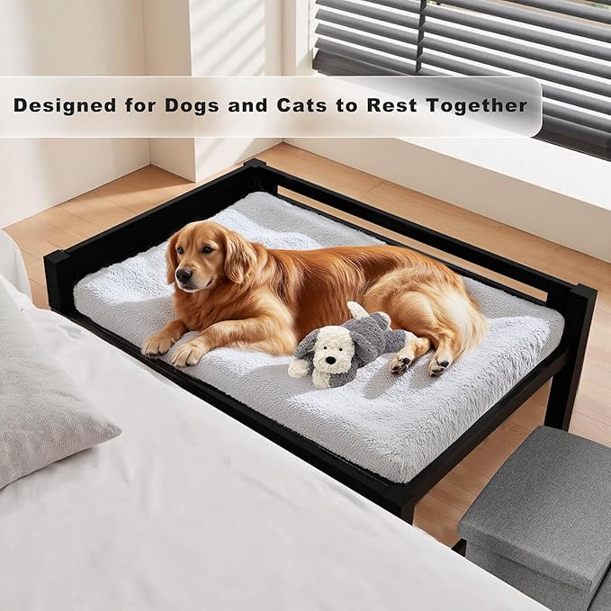 Bedside Dog Bed with Stairs，27×41 Wooden Elevated Dog Bed Cosleeper with Removable Mattress, Foldable 3-Step Stairs & Guardrail, Bassinet-Style Pet Bed for Large Dogs