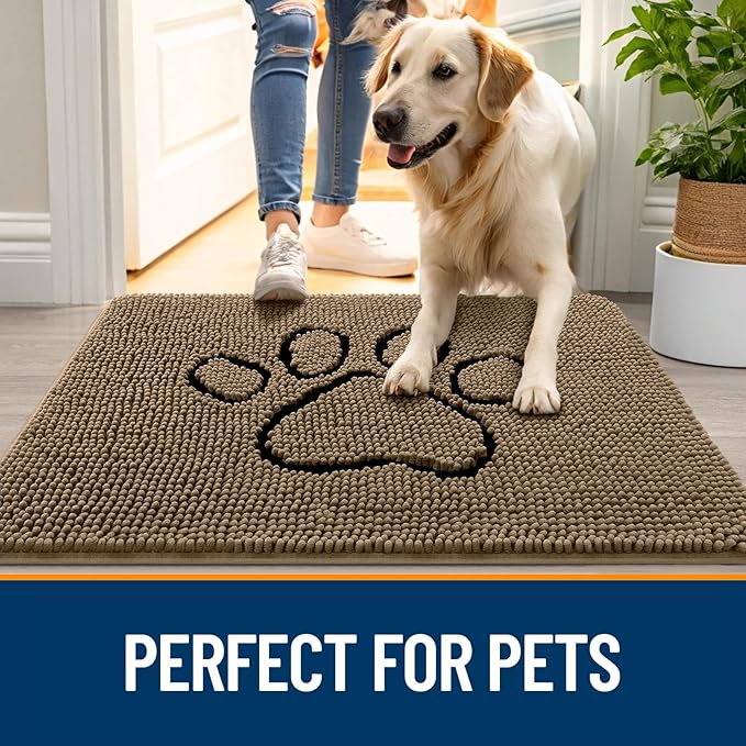 OLANLY Dog Door Mat for Muddy Paws 70x46, Paw Print Design, Absorbs Moisture and Dirt, Absorbent Non-Slip Washable Doormat, Quick Dry Chenille Mud Mat for Dogs, Entry Indoor Entryway Carpet, Tan