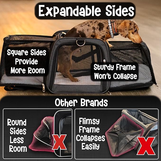 Pet Carrier with Wheels | Delta American Frontier Airline Approved | Two Expandable Sides, Storage Pockets Adjustable Leash | Rolling Dog and Cat Carrier TSA Compliant (Black 17x12.5x11)