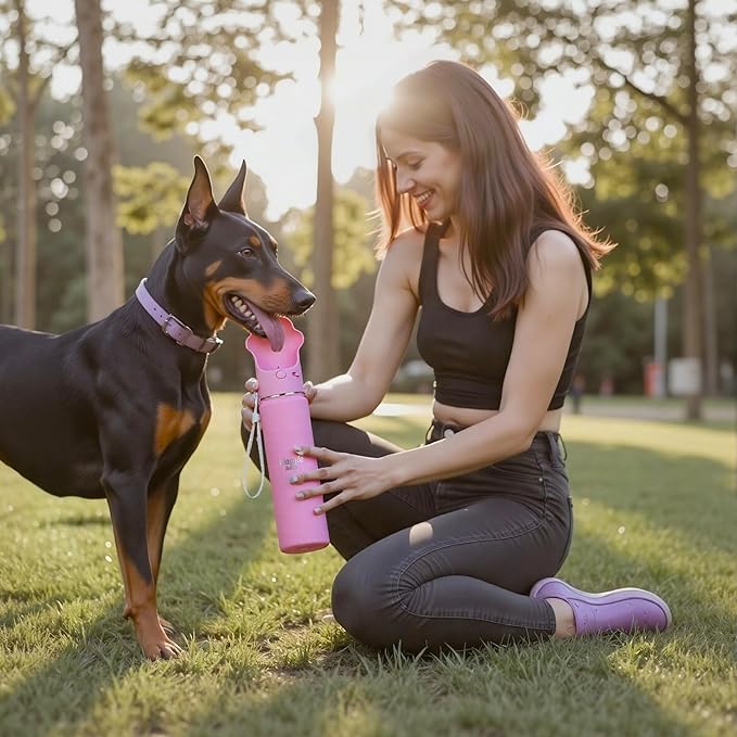 Stainless Steel Dog Travel Water Bottle, Vacuum Insulated Portable Dog Water Dispenser, Drink Cup and Snack Container On The Go, Outdoor Walking, Hiking, Travel (Pink, 22oz)