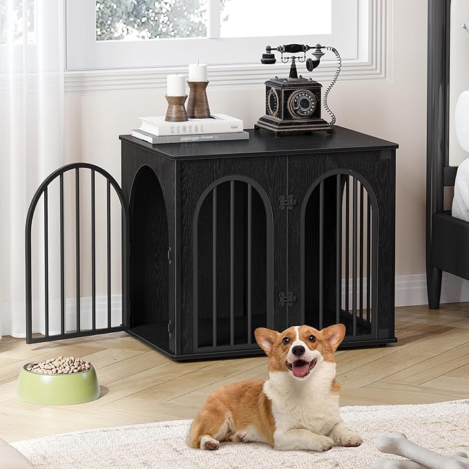 26.8'' Wooden Dog Crate Furniture, Indoor Dog Kennel Dogs Cage for Small Dogs, Heavy Duty Dog Crates Decorative Pet House End Side Table TV Stand, Black DFC85504B